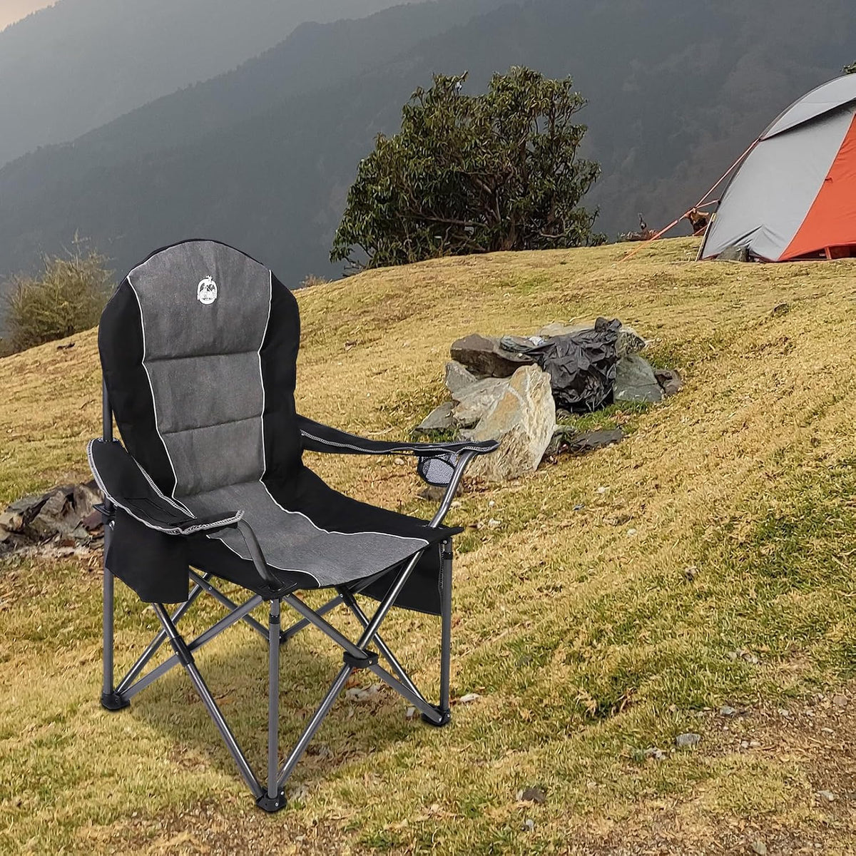 Northroad Oversized Portable Camping Chair, Full Padded Outdoor Folding Chair Support 350 LBS, Heavy Duty Lawn Chair with Cup Holder, Cooler Bag, Lumbar Support, Head Pocket for Adult-Black