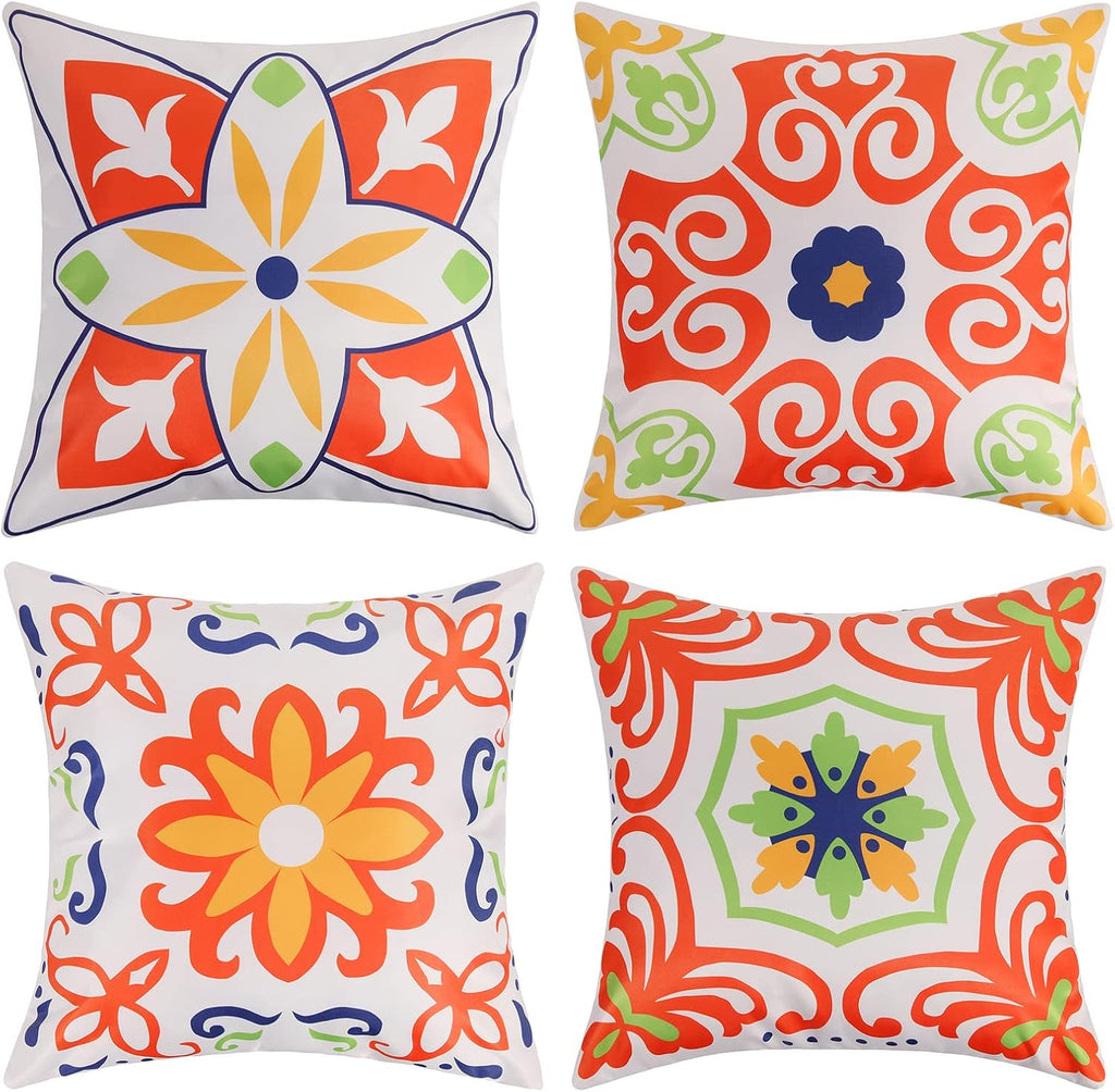 Pyonic Outdoor Waterproof Throw Pillow Covers Set of 4 Floral Printed and Boho Farmhouse Summer Outdoor Pillow Covers for Patio Funiture Garden 18x18 Inch Blue