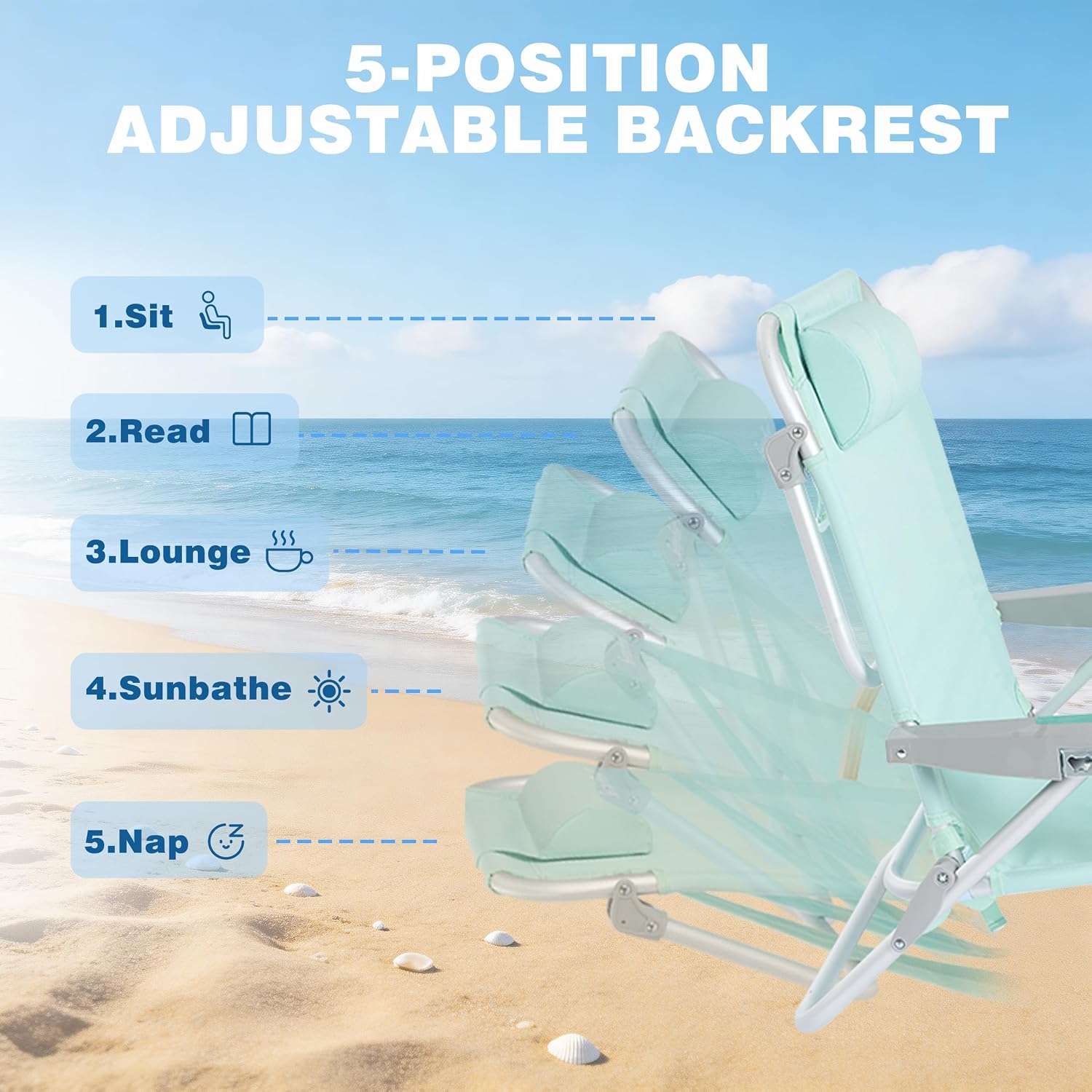 SUNNYFEEL Extra Wide Low Beach Chair 2 Pack 5 Position Lay, XL Oversized Portable Folding Camping Chairs with Cup Holder for Outdoor/Sand, Foldable Backpack Beach Chair for Adults Heavy Duty 500 LBS