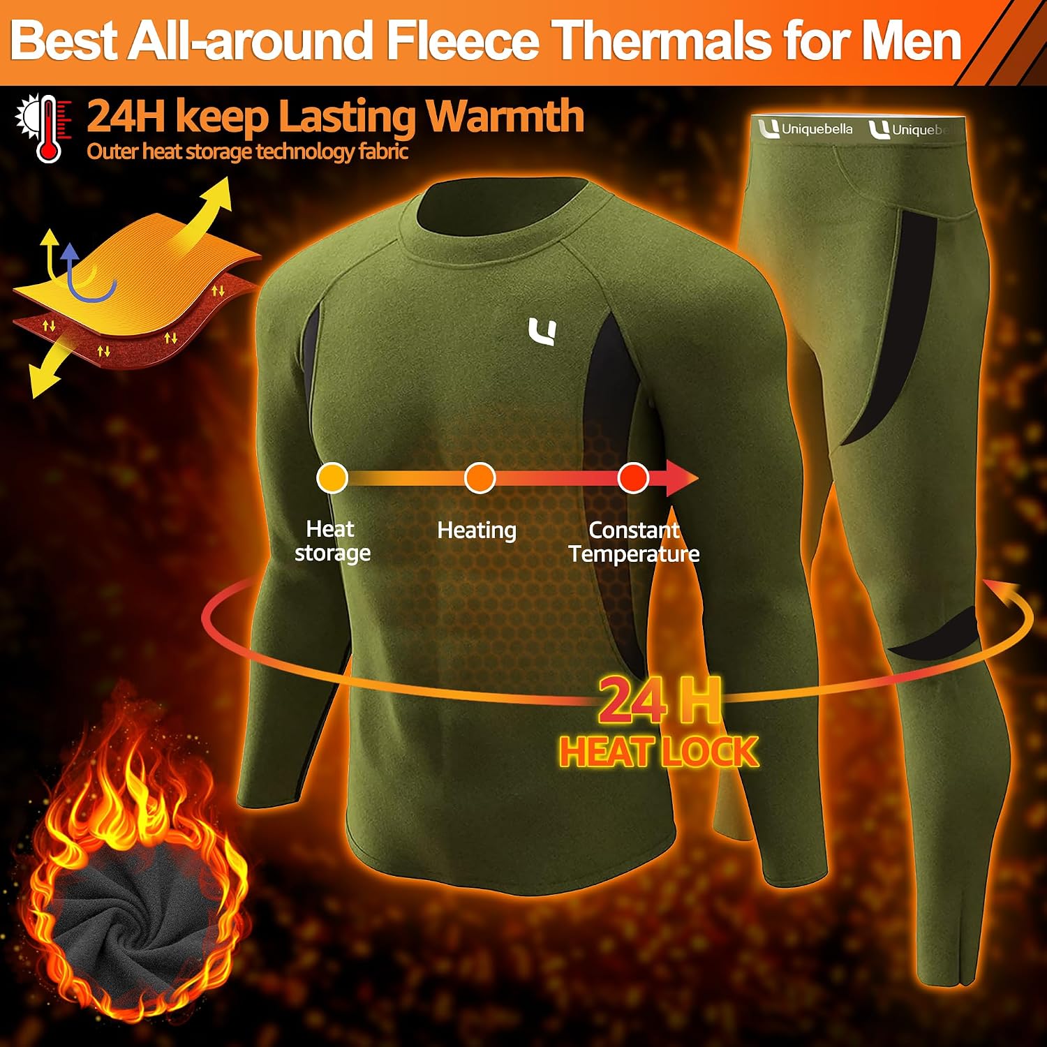 UNIQUEBELLA Men's Thermal Underwear Sets Top & Long Johns Fleece Sweat Quick Drying Thermo Base Layer