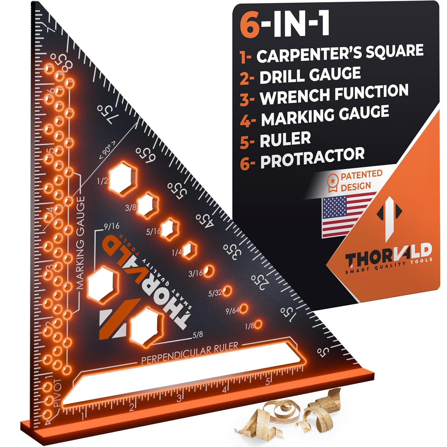 THORVALD 6-in-1 Carpenter Square 7 inch (1/16" Precision) - T Square Multi-Purpose Carpenter Tools : Wrench, Square, Protractor, Ruler, Marking Gauge, Drill Gauge