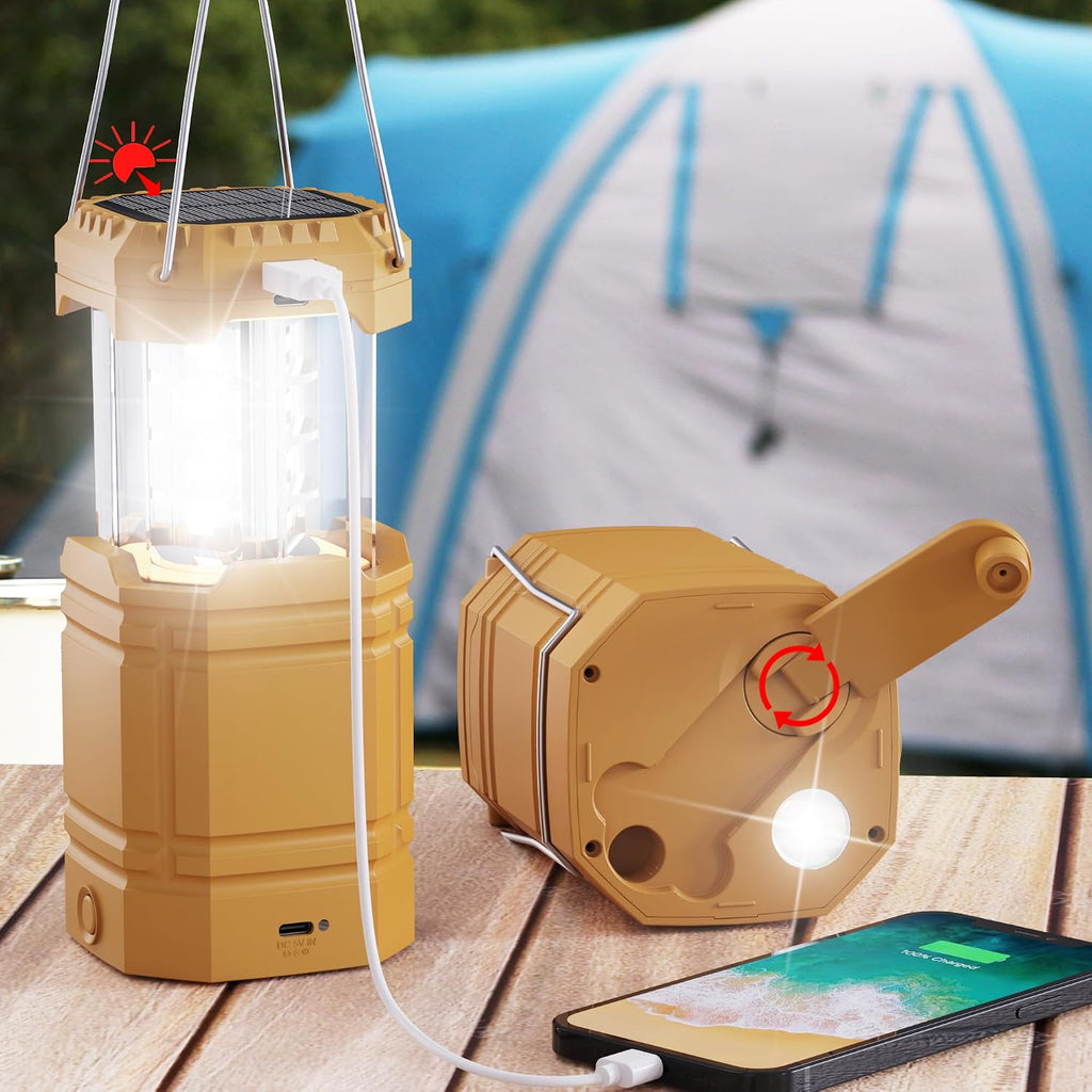 Electric LED Camping Lantern, Portable 3000mAh Solar Hand Crank Flashlight