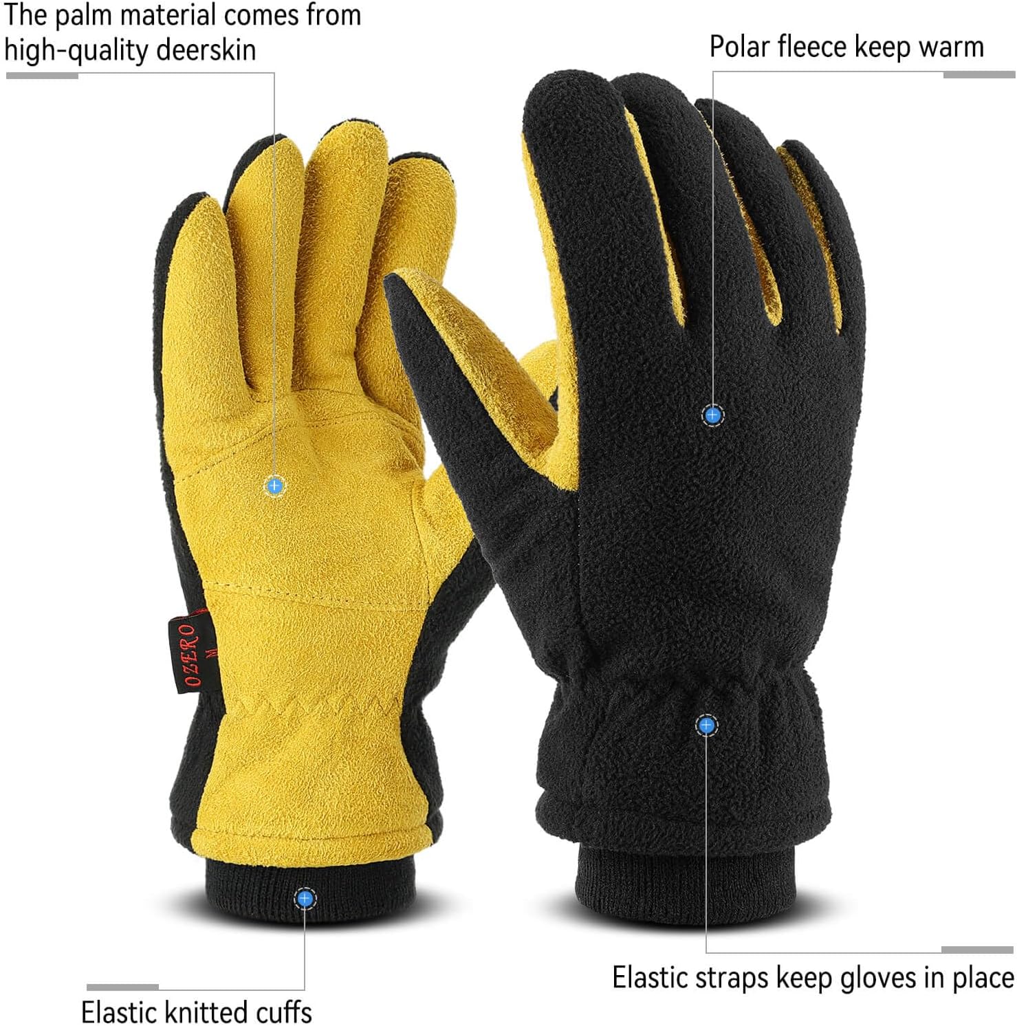 OZERO Mens Winter Gloves,Warm Deerskin Leather Fleece Fabric