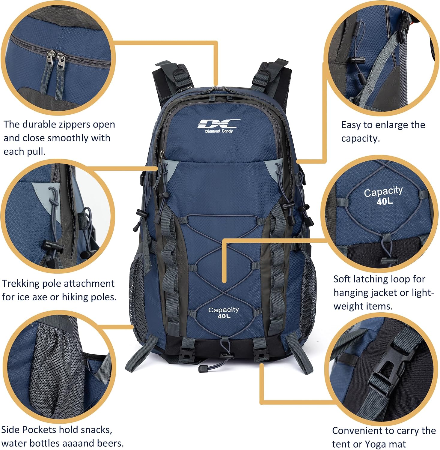 Diamond Candy 40L Hiking Backpack Waterproof Daypack for Men and Women