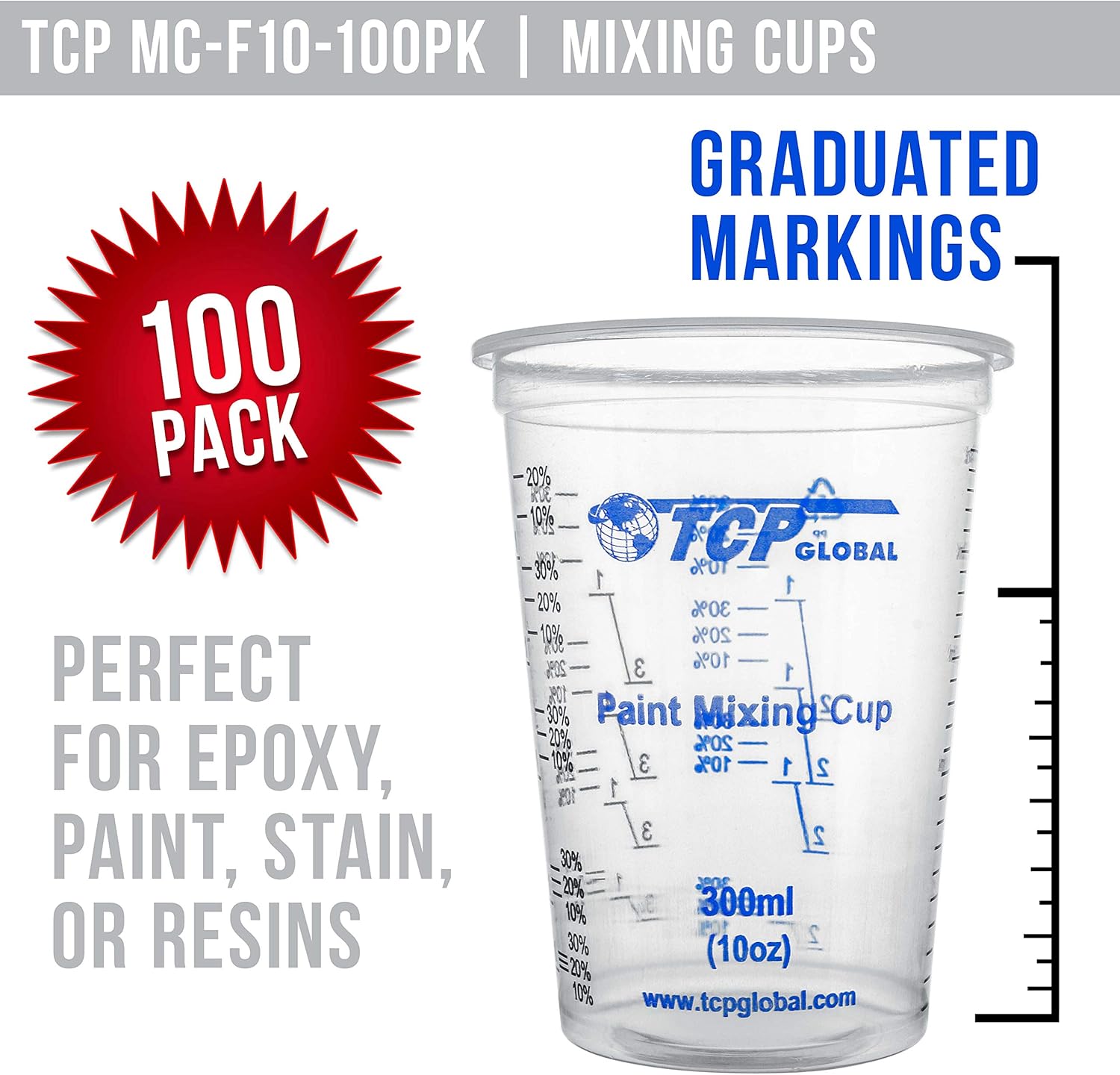TCP Global 10 oz. (300ml) Graduated Plastic Mixing Cups - Box of 100