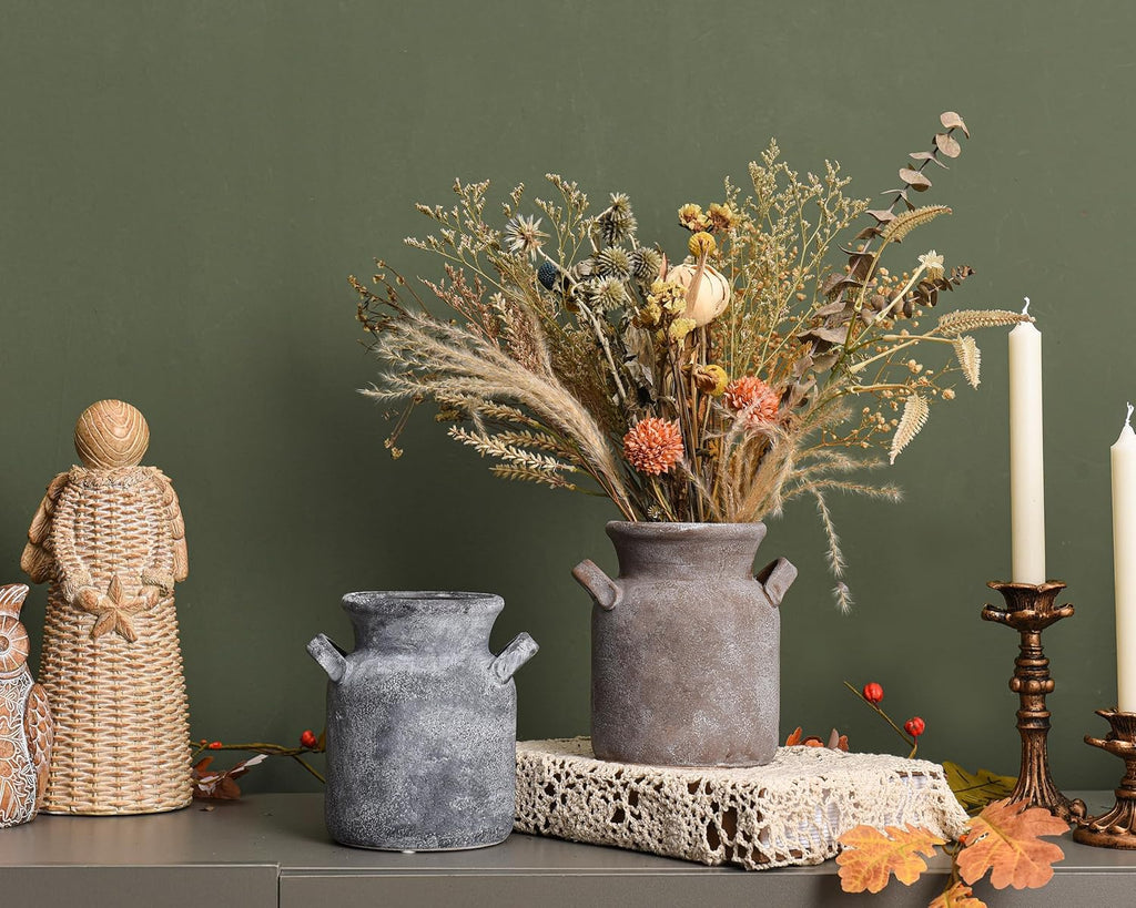 Quoowiit Ceramic Rustic Farmhouse Vase, Distressed Decorative Flower Vases for Home Decor, Ideal Shelf Decor, Boho Vase for Living Room Bedroom Kitchen Office Centerpiece Table Decorations