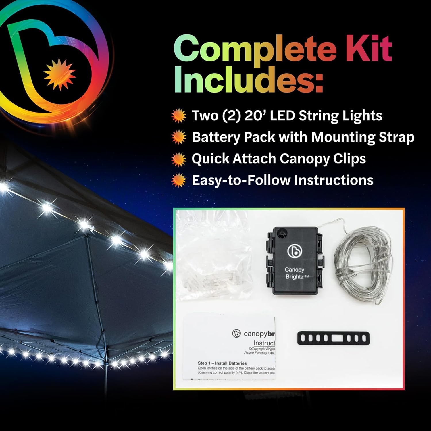 Brightz LED Canopy Lights, White 40ft String Light for 10x10 Tents | Outdoor canopy tent lights; football tailgate essentials & accessories; fits 10ft x 10ft pop up tents