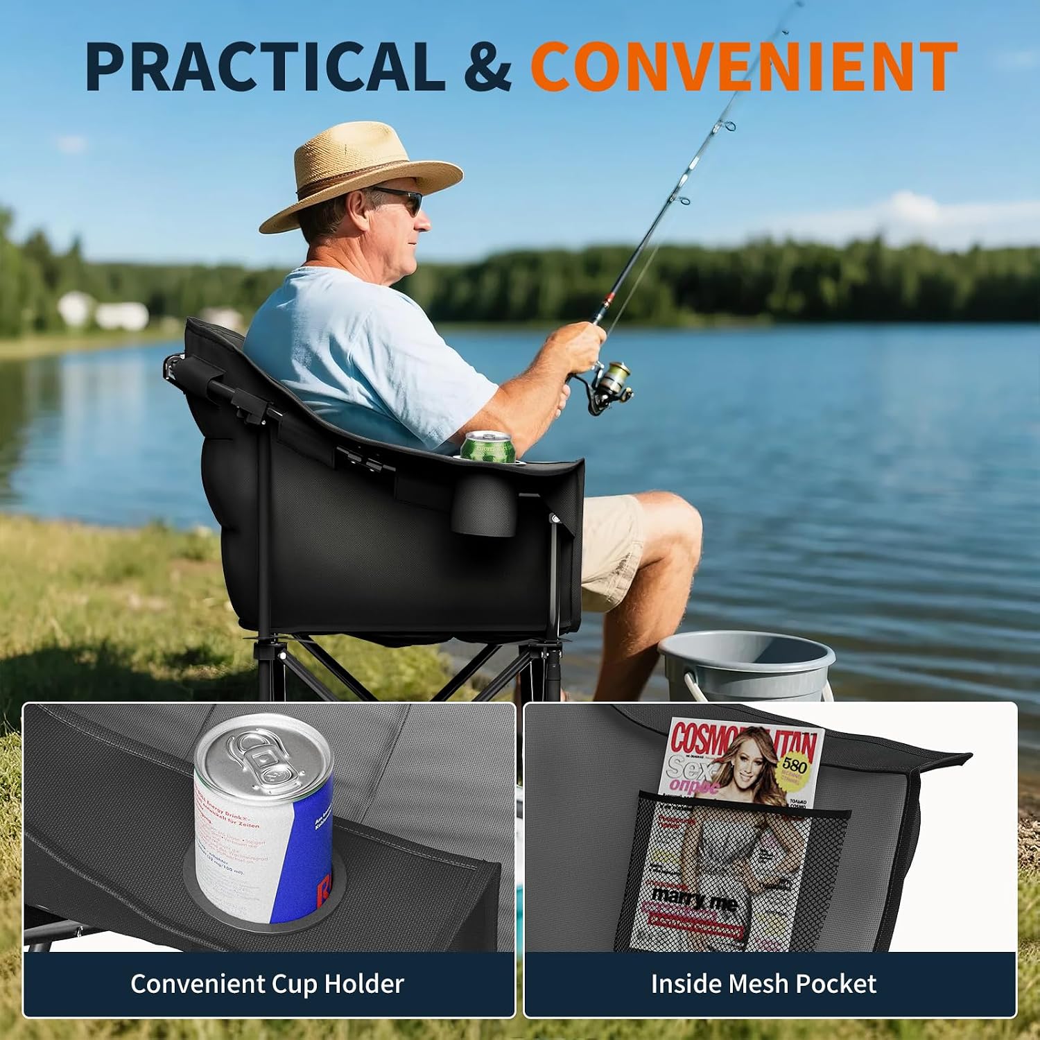 NAIZEA Padded Camping Chair, Outdoor Folding Chair, Portable Heavy Duty Arm Chairs with Side Pockets, Cup Holder for Beach, Lawn, Picnic, Fishing, Backpacking