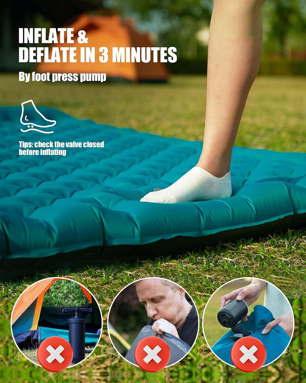 AKSOUL Sleeping Pad Camping Inflatable: Extra Thickness Double Persons Self Inflating Mat with Built-in Foot Pump, Lightweight Ultra-Wide Air Mattress with Pillow for Camping, Backpacking