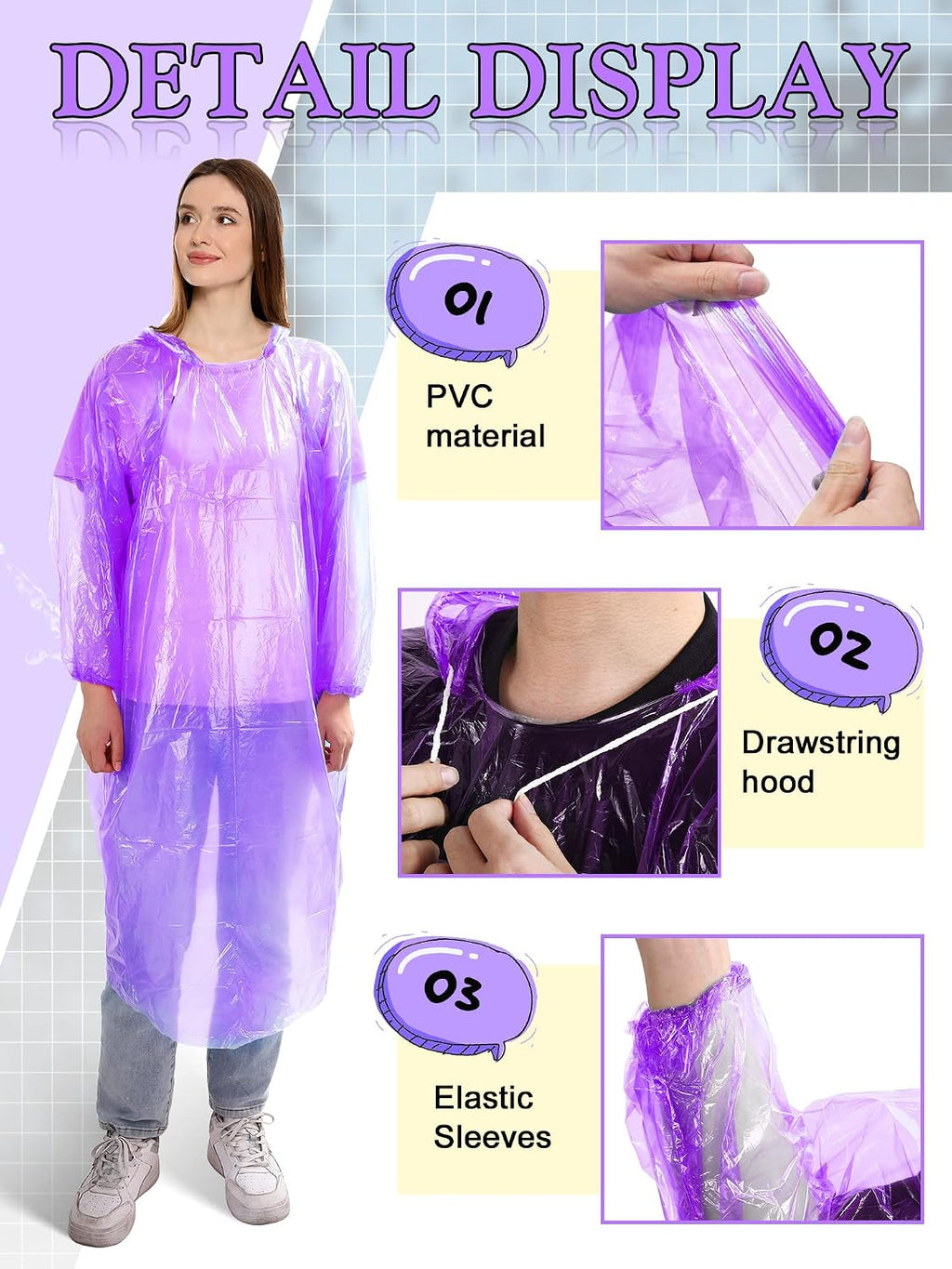 Tarpop 40 Pack Disposable Rain Ponchos Adult Drawstring Hood