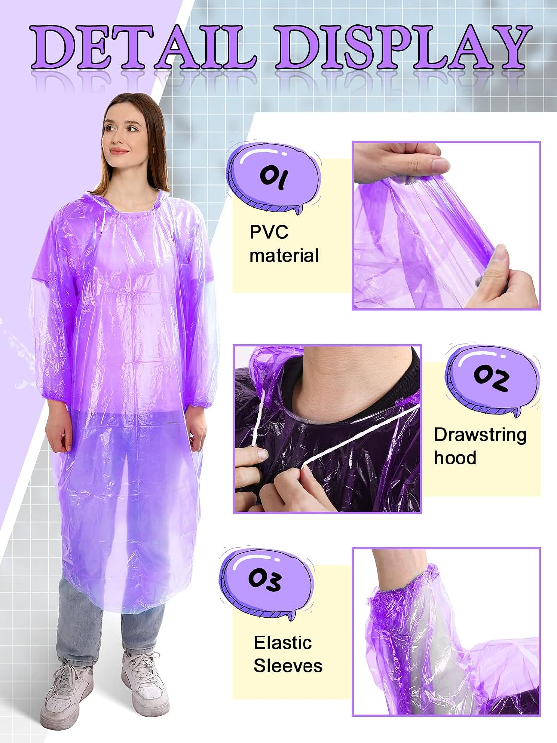 Tarpop 40 Pack Disposable Rain Ponchos Adult Drawstring Hood