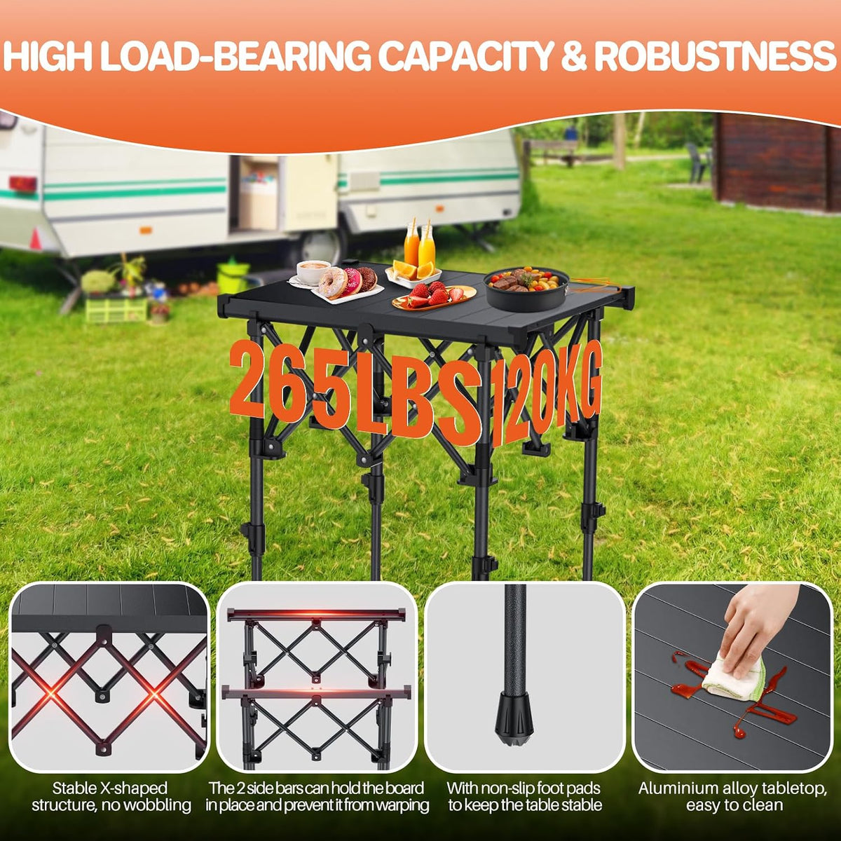 FUNYKICH Folding Camping Square Table, 2 Height Adjustable 17.3'' & 27.6''