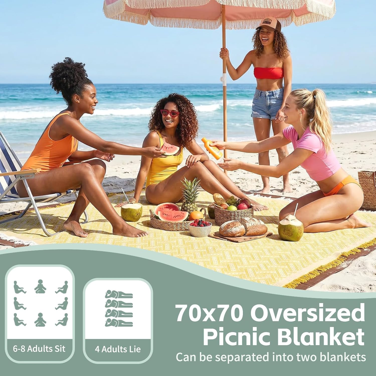 RYCHIC 2 in 1 Extra Large Outdoor Rug Picnic Blanket Camping Mat Lightweight Oversized Giant Turkish Boho Beach Mexican Serape Baja Cobijas Mexicanas para Mesa Park Stadium Outside Grass Hammock