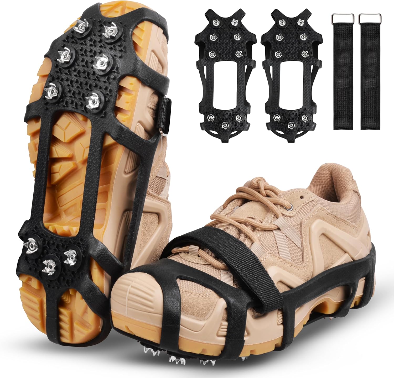 Ice Snow Cleats for Shoes and Boots 9 Studs Crampons Shoe Spikes for Snow and Ice Non-Slip Ice Shoes Grippers with Adjustable Straps Overshoe for Women Men Kids Hiking Walking Ice Fishing