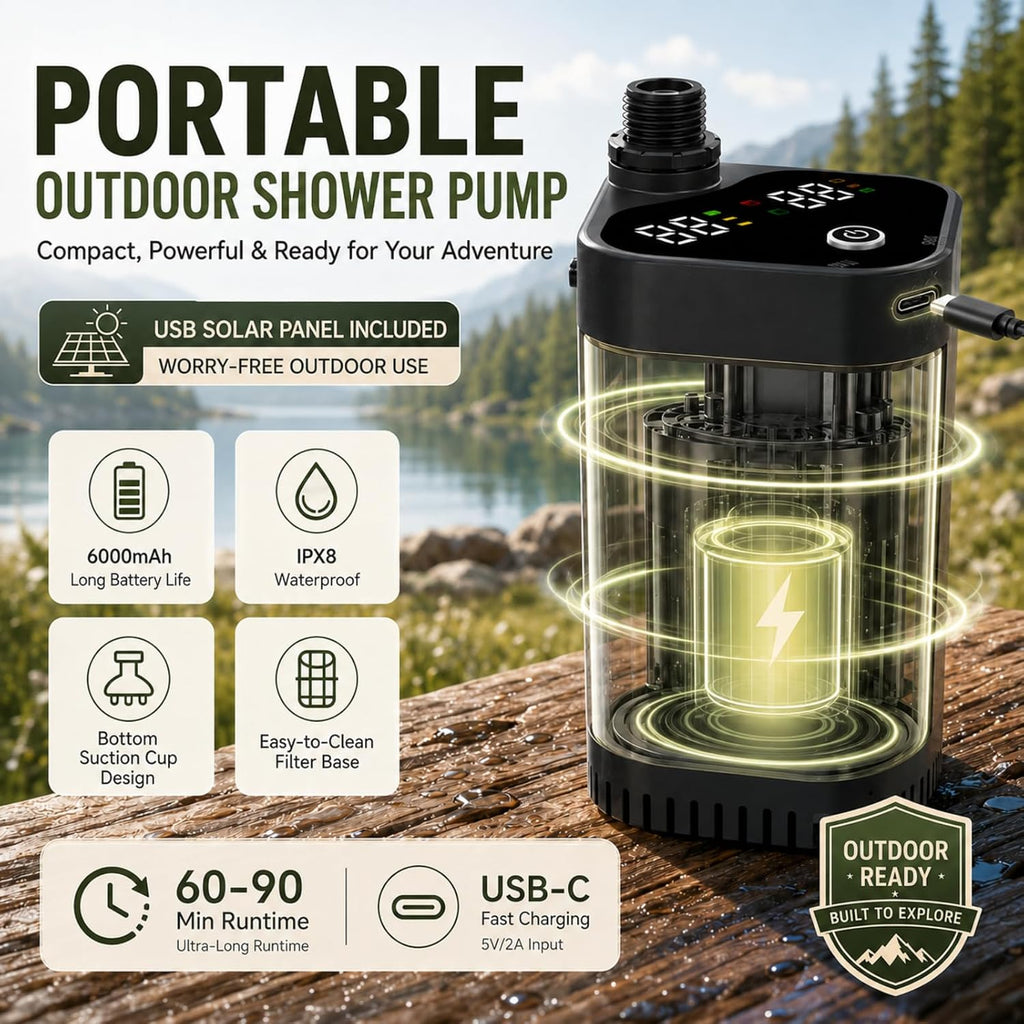 Camping Shower with Heater for USB Solar Charging Panel, Portable Shower Food-Grade Water Jug, 6000mAh Portable Shower Pump, 1500w Immersion Heater with Auto Shut-Off for Outdoor, Camping, Hiking