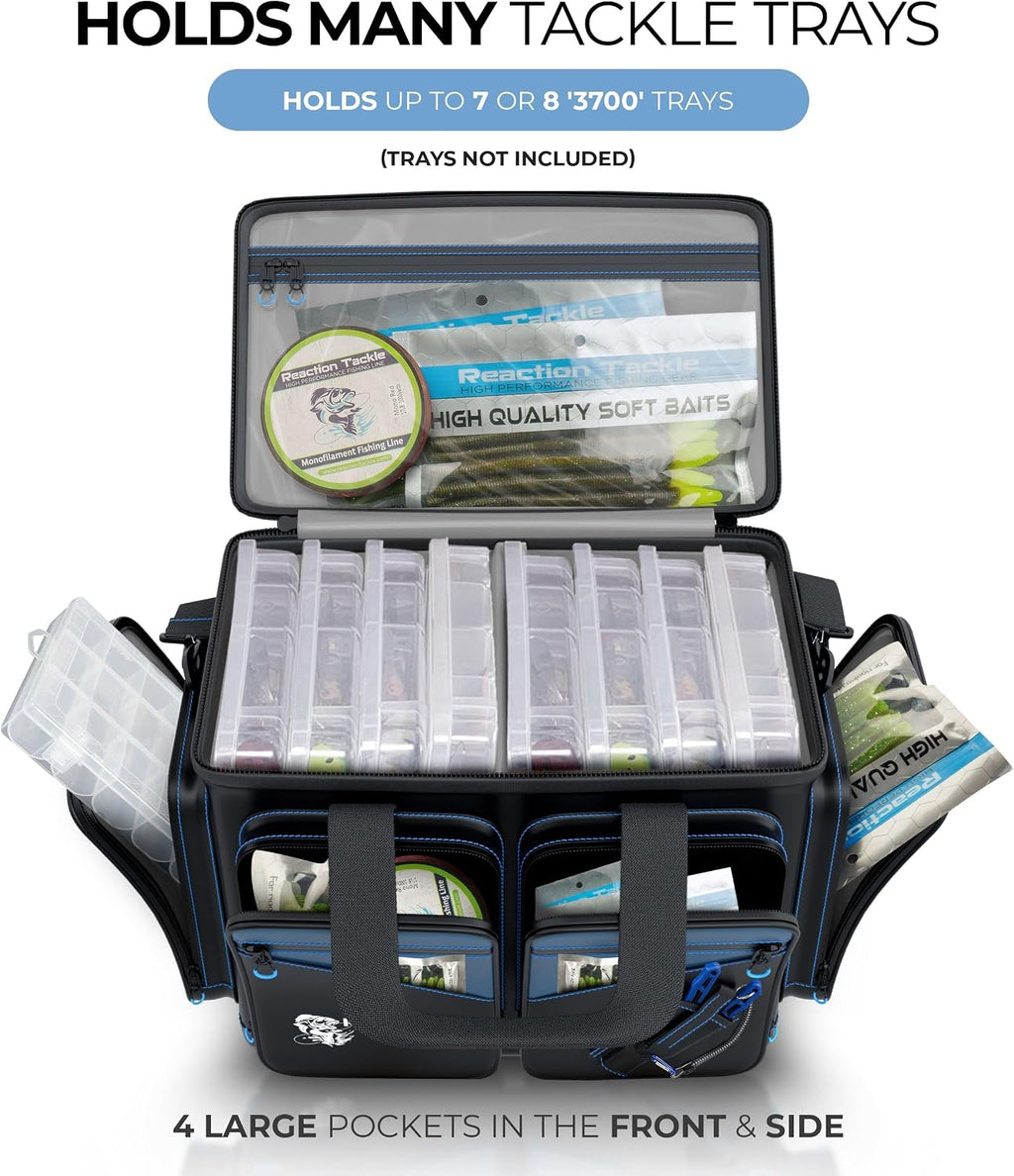 Reaction Tackle Saltwater Fishing Tackle Bags, Water Resistant 1000D PVC Tackle Box Bag with Removable Dividers, Fits 3600 and 3700 Trays, Large