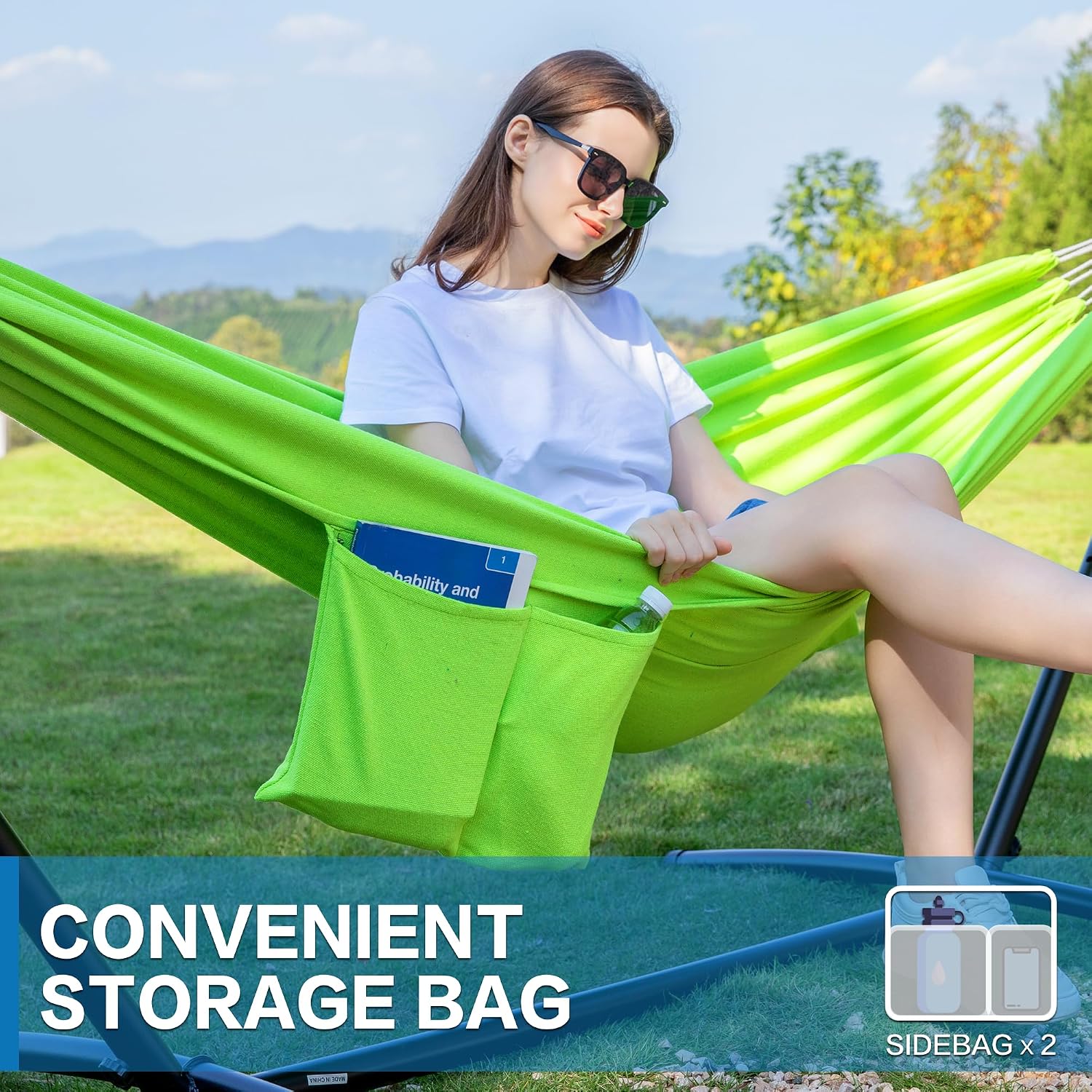 PNAEUT Double Hammock with Stand for Outside, Heavy-Duty, Portable(Green)