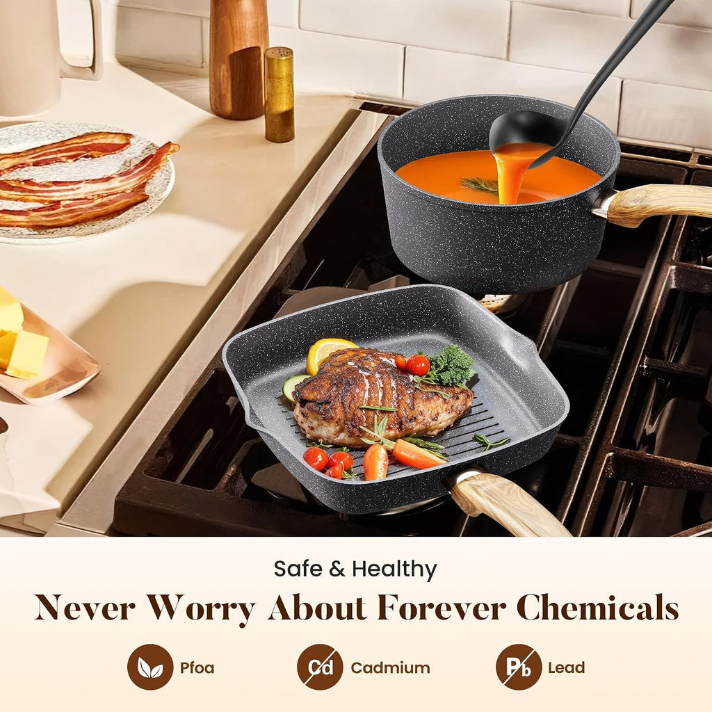 Kitchen Academy Granite Pots and Pans Set Non Stick, Induction Cookware