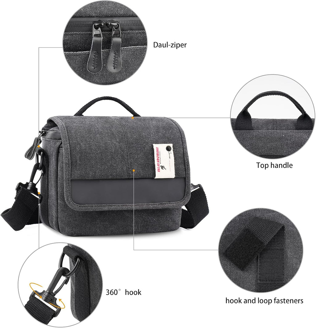 Besnfoto Camera Bag Purse Small Messenger Shoulder Bag for Mirrorless DSLR Camera Waterproof Canvas Compact Photography Case, Black Gray