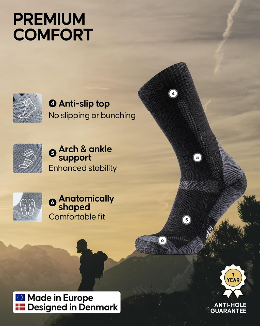 DANISH ENDURANCE Hiking Socks, Merino Wool, Anti-Blister, 3 & 5-Pack