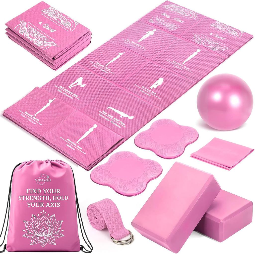 Foldable Non-Slip Yoga Mat and Blocks Set for Women, 9-Pcs Yoga Starter Kit