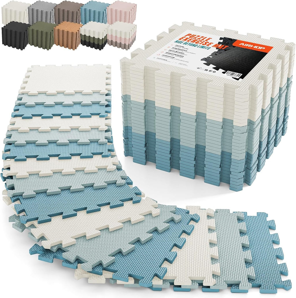 AIRHOP 18 PCS Gym Floor Mat, EVA Foam Puzzle Gym Mat, High-Density Interlocking Foam Floor Tiles for Home Gym, Play Workout Garage Kitchen Flooring 12.6"x12.6"x0.4"
