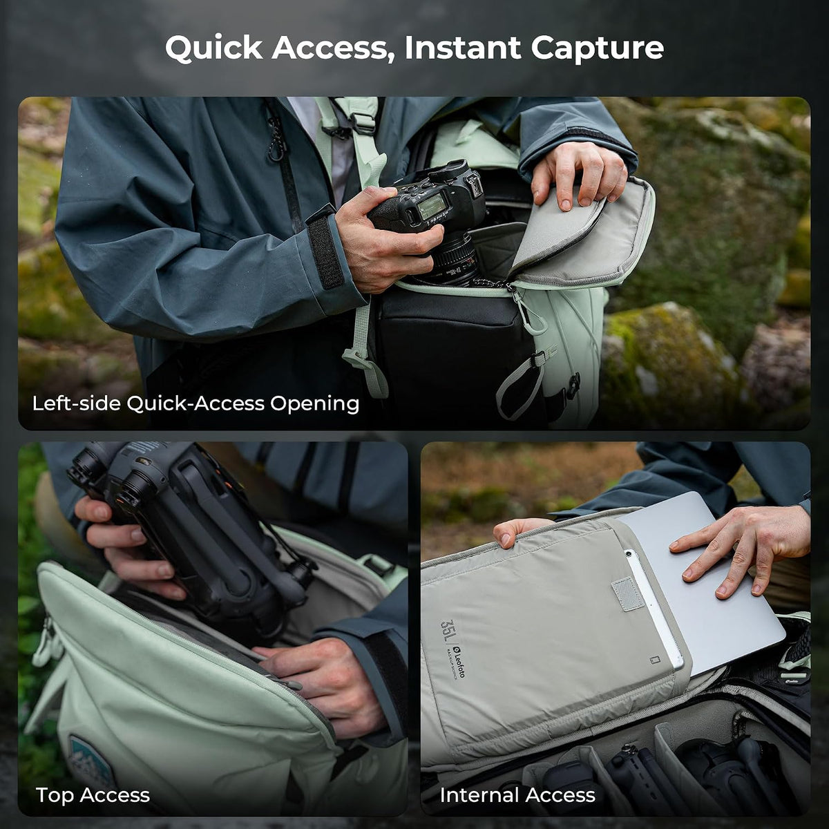 LEOFOTO 35L Camera Backpack for Photographer, Lightweight Waterproof Travel Camera Bag for Camera/Drone/15.6" Laptop, Photopraphy Bag with Side Access & Rain Cover, Tripod Compatible, 2.95KG (GREEN)