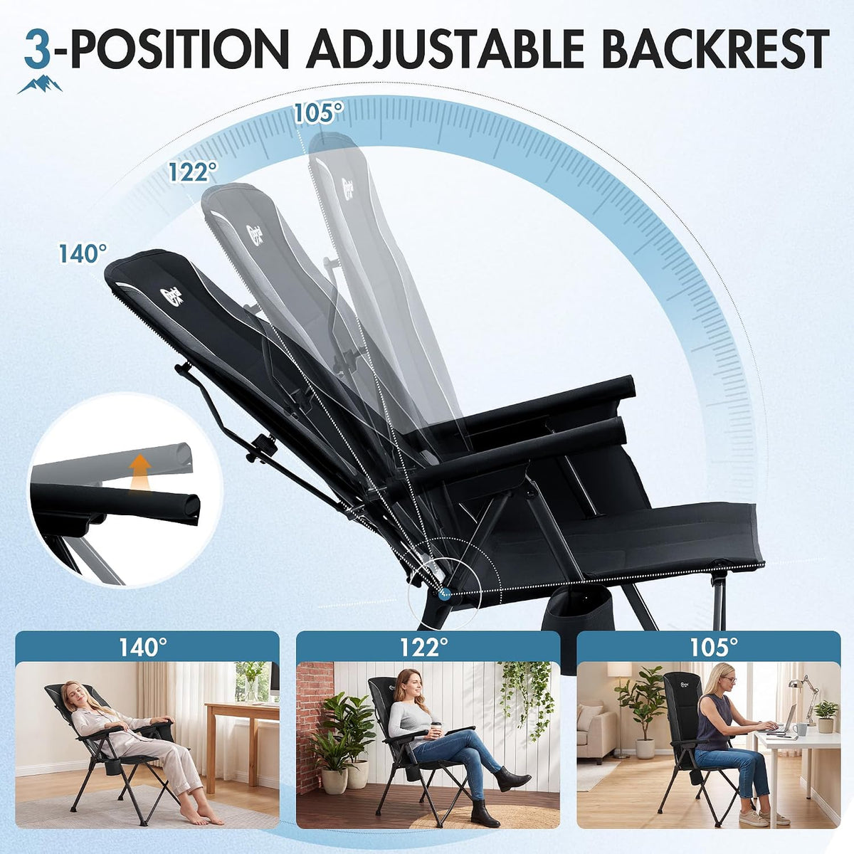 Portal Reclining Camping Chair High Back, 3-Position Hard Armrests, 350 lbs