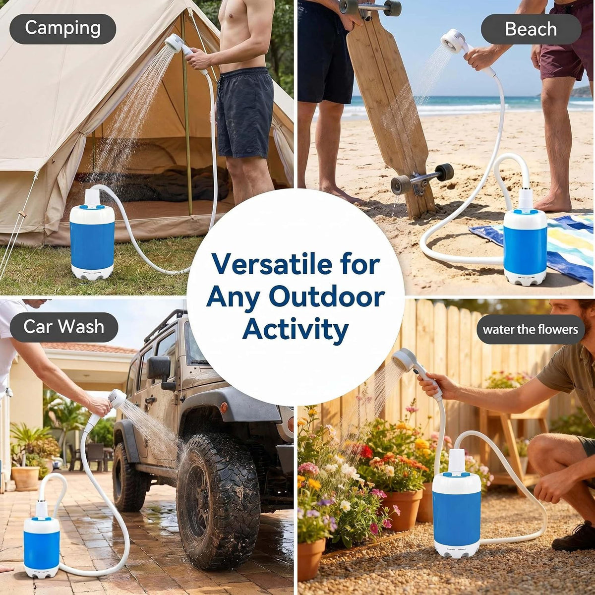 Portable Shower, USB Rechargeable Camping Shower Pump with Adjustable Pressure Head for Camping, Beach, Pet Bath, Car Wash, Garden & Travel Emergency