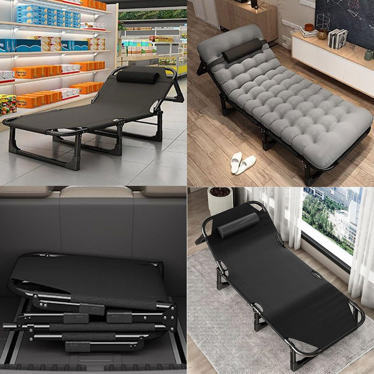 Portable Folding Camping Cot, Adjustable 4-Position Adults Reclining Folding Camping Cot Sleeping Bed Cots for Office Pool Beach Patio Camping Lawn Outside (Gray)