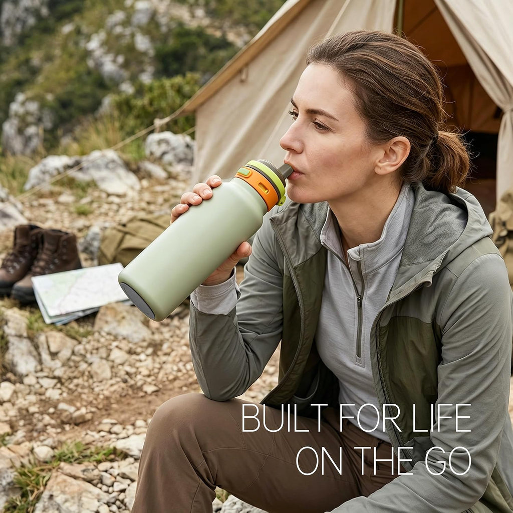 Fijinhom 24 oz Insulated Water Bottle, 2-in-1 Stainless Steel with Straw and Spout, Leak Proof,Fits in Car Cup Holder, 304 Stainless Steel with Wide Mouth, Great for Sports, Travel, Work (Green)