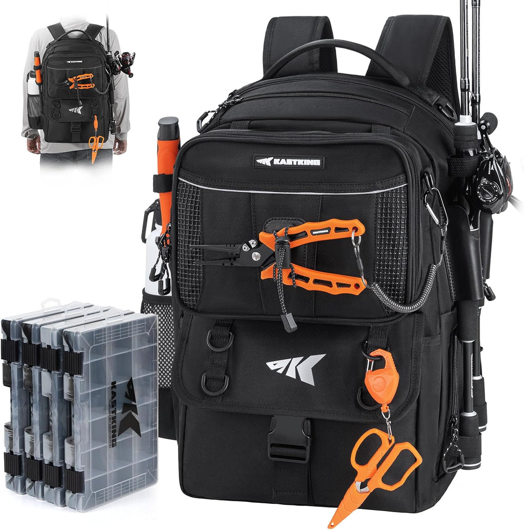 KastKing BaitSpace 50L Fishing Backpack with 4 Tackle Boxes, 2 Rod Holders