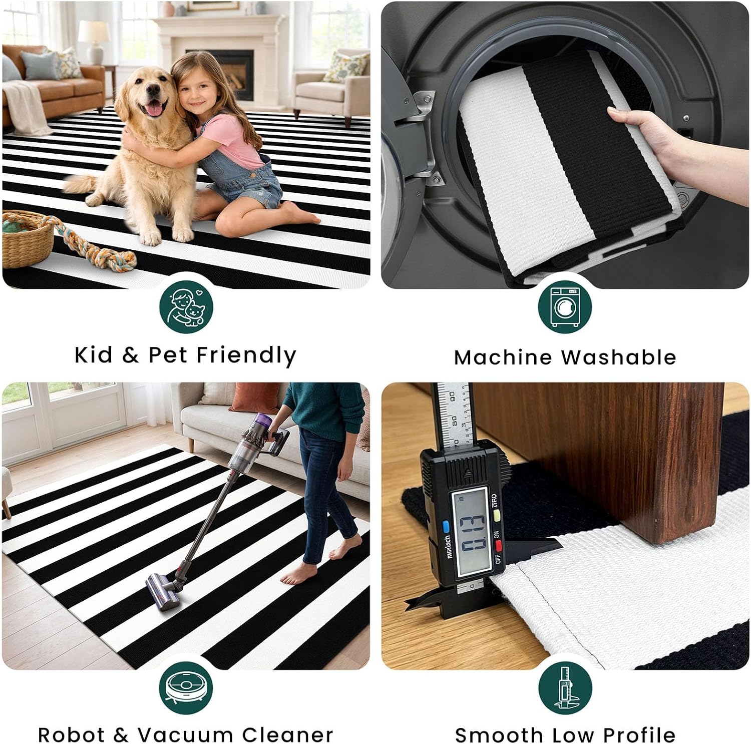 KOZYFLY Black and White Area Rug 3x5 Ft Washable