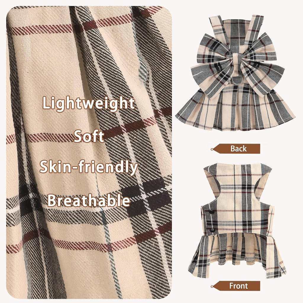 PUPTECK Classic Plaid Dog Dress with Bowknot Harness and Leash Set S