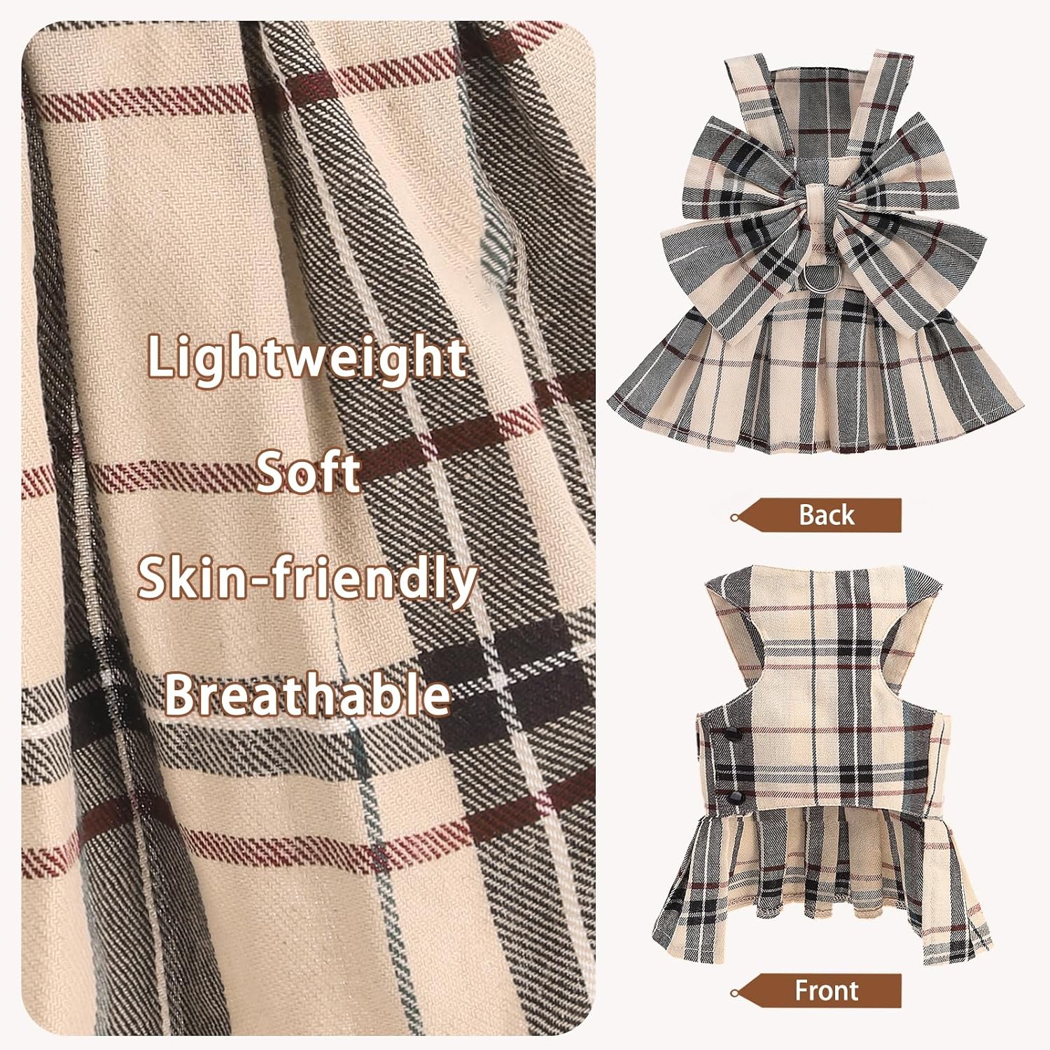 PUPTECK Classic Plaid Dog Dress with Bowknot Harness and Leash Set S