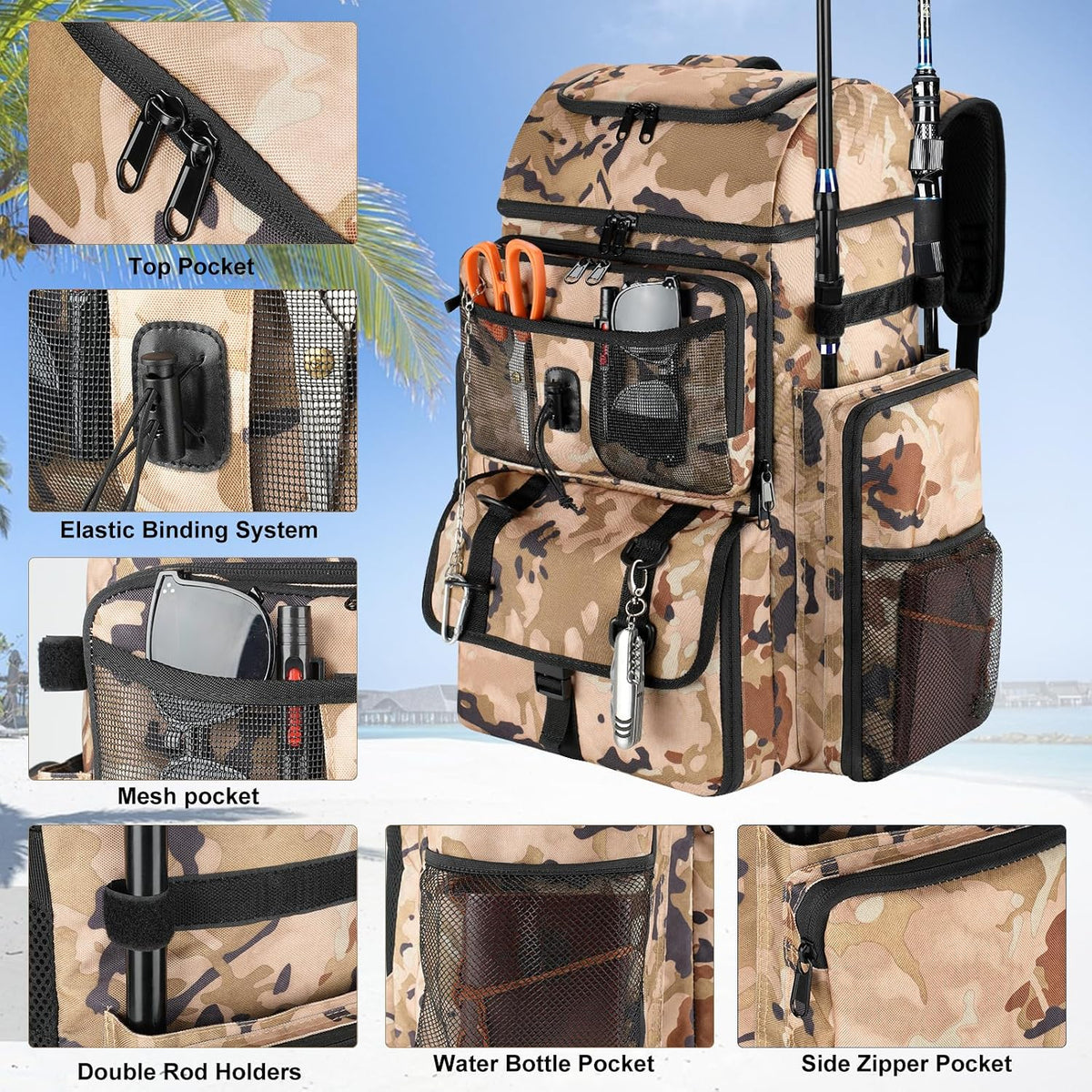 VJI 52L Large Fishing Tackle Backpack with Rod Holders, Khaki Camo