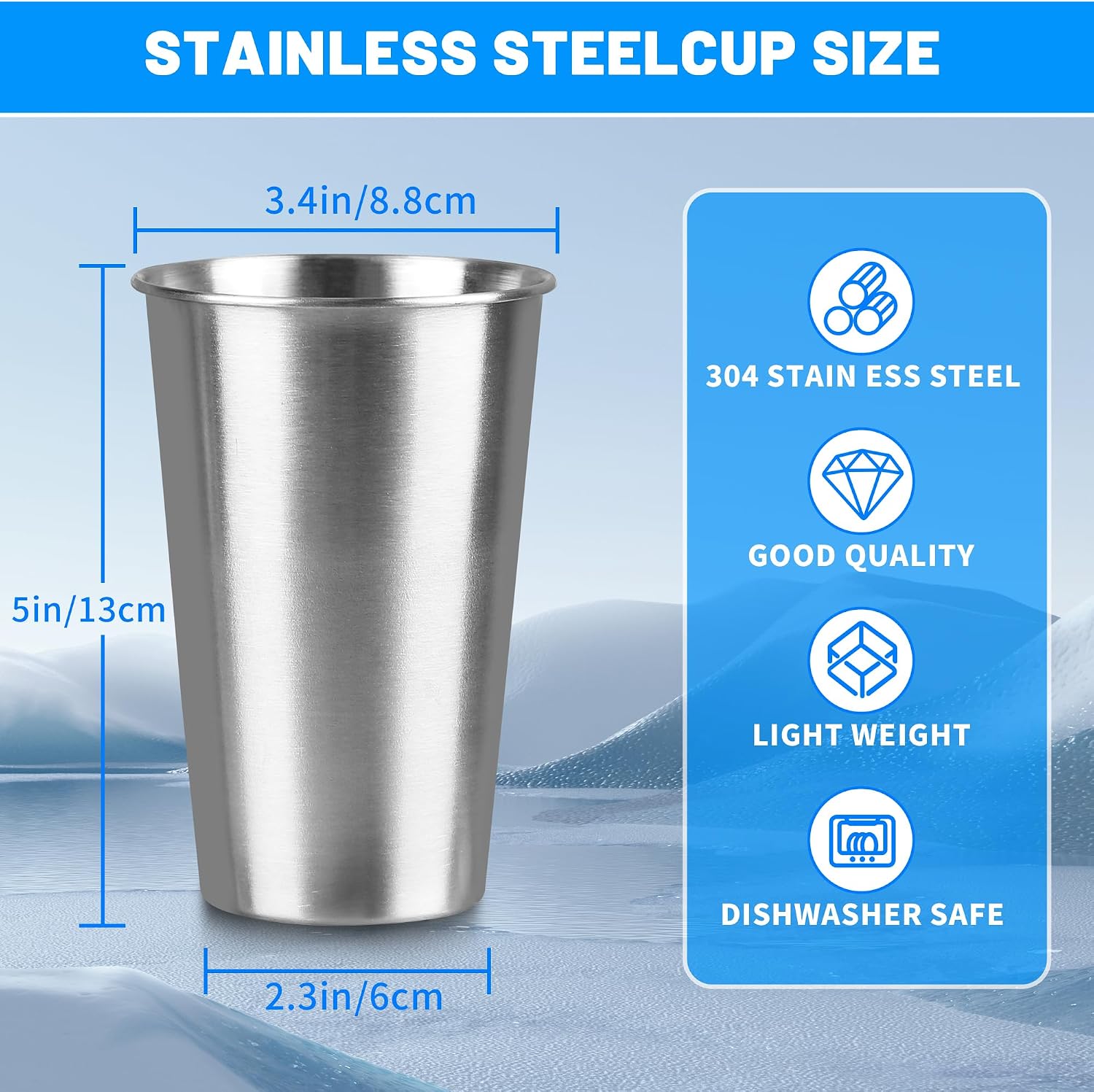 8Pack 16 oz Stainless Steel Pint Cups,Stainless Steel Cup,Pint Cup Tumbler，water Tumbler,Stackable,Reusable,BPA Free, (8)