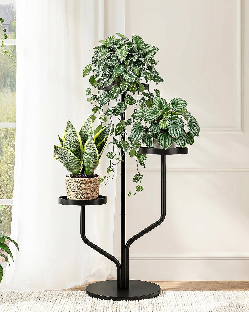 Bamworld Outdoor Plant Stand Metal Plant Stand Indoor Corner Plant Stands 2 Tier Plant Shelf for Tall Plant Holder Black Plant Shelves for Living Room Bedroom Midcentury Modern Home Decor