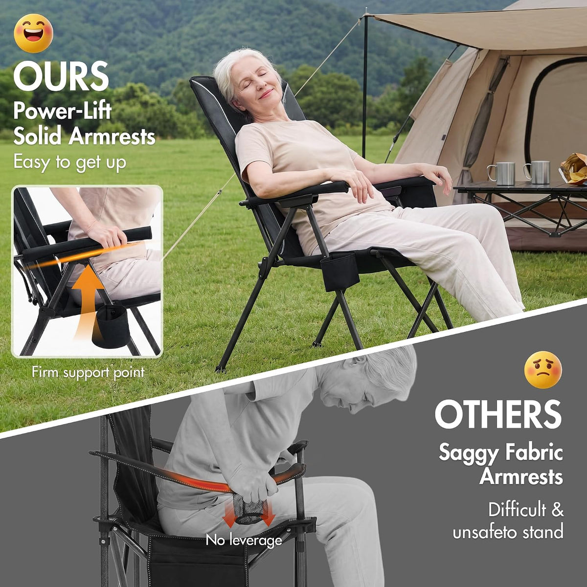 Portal Reclining Camping Chair High Back, 3-Position Hard Armrests, 350 lbs
