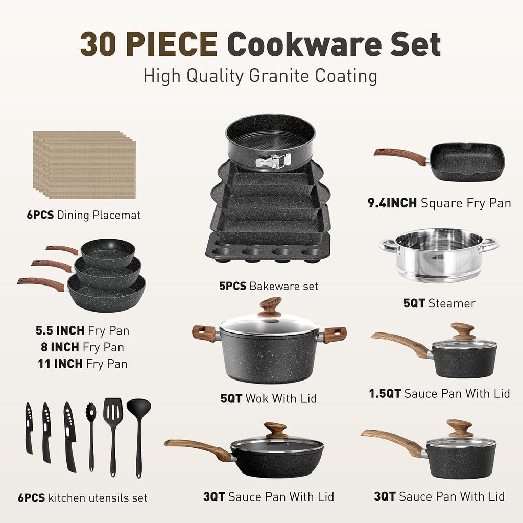 MAISON ARTS 30 Pcs Pots and Pans, Granite Induction Cookware Sets Non Stick