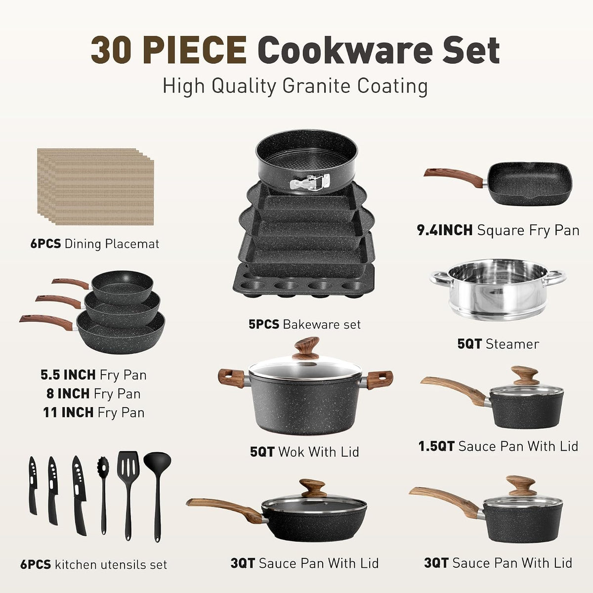 MAISON ARTS 30 Pcs Pots and Pans, Granite Induction Cookware Sets Non Stick