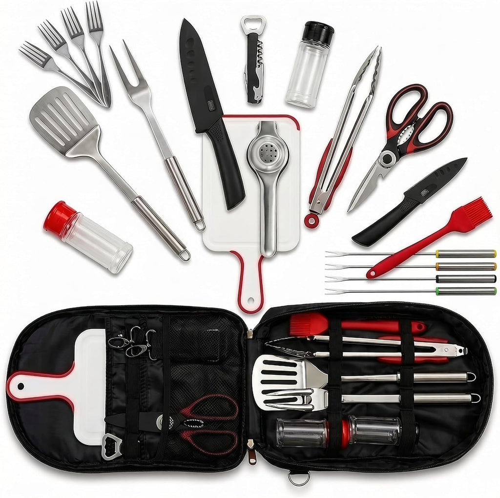 12 Pcs Camping Cooking Utensil Set, Camp Kitchen Set with Organizer Bag, Stainless Steel Outdoor Cooking and Grilling Utensil Organizer for Travel, Picnics, Camping, BBQs, Parties