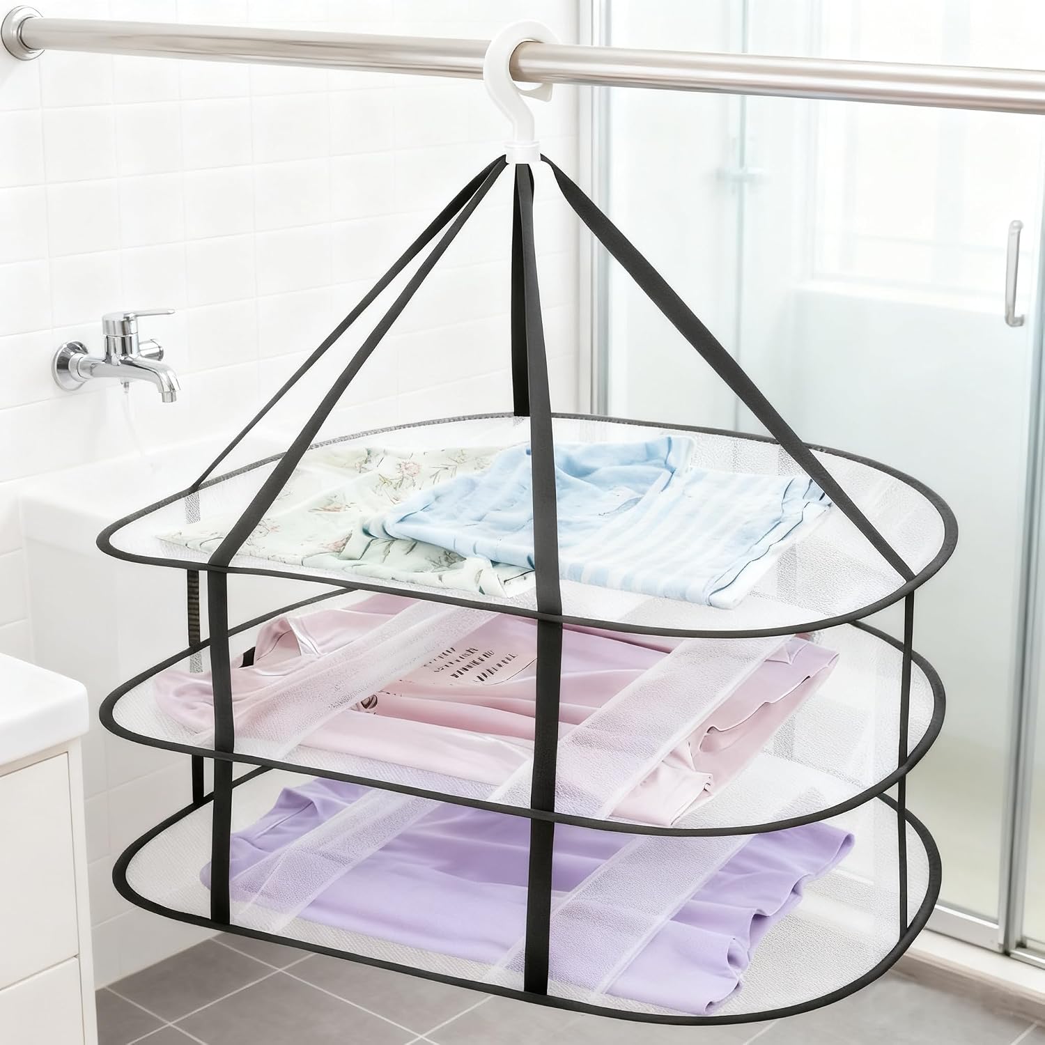 Fashion & Lifestyle 3-Tier Foldable Clothes Black Drying Rack, Hanging Mesh Laundry Dryer with Sturdy Frame for Delicates/Sweaters/Underwear, Space-Saving Indoor Outdoor Drying Organizer