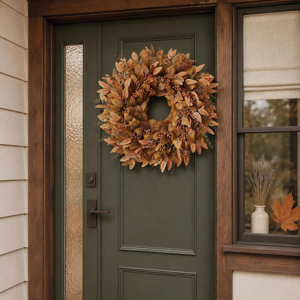 26" Fake Fall Eucalyptus Wreath with Berry for Front Door Decor(Orange) | Artificial UV-resistant Outdoor Wreath, Faux Eucalyptus Leaves Plant for Home/Porch/Window/Wall/Farmhouse/Autumn Decor