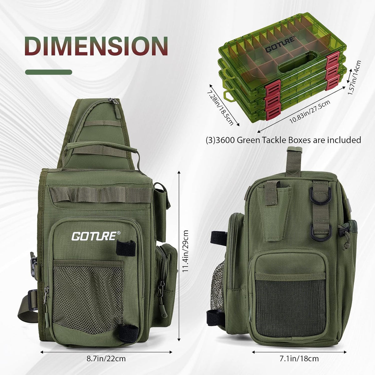 Goture OpenSide Tactical Sling Tackle Bag with 3 Tackle Trays and Fishing Tools, Lightweight Fishing Backpack Storage Gear and Equipment - Green Bag Outdoor, Gift for Men