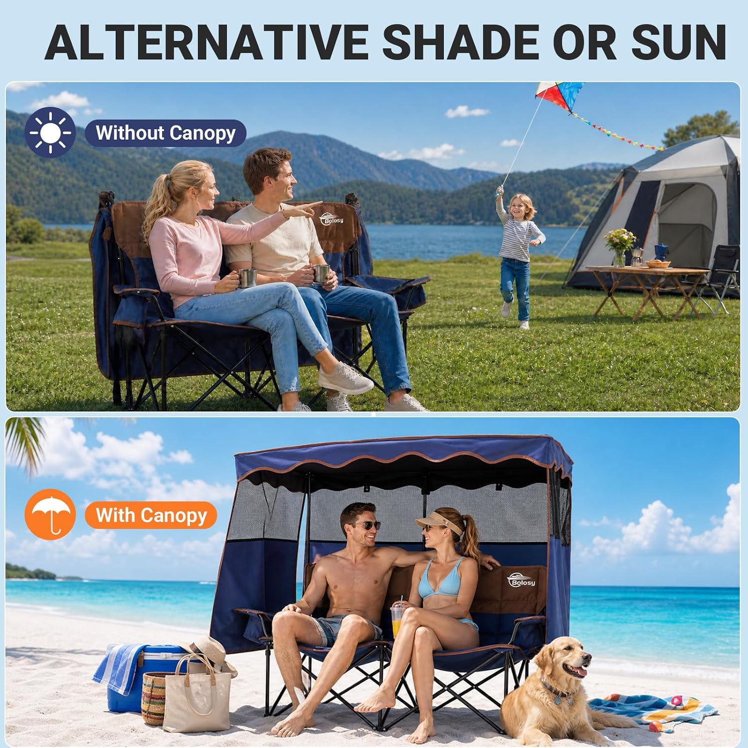 Bolosy Double Camping Chair with Canopy Outdoor Loveseat with Shade