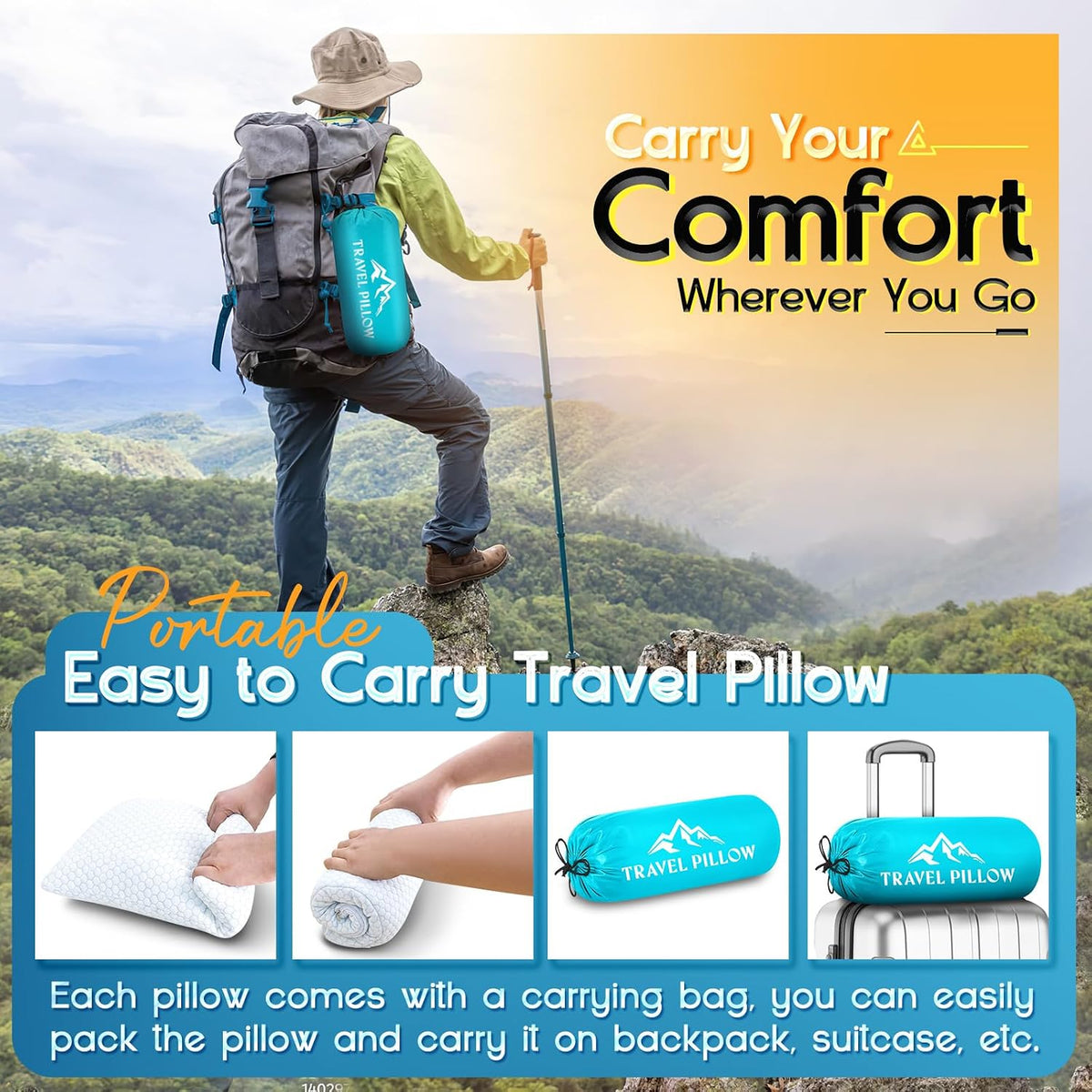 1 MIDDLE ONE Travel Pillow for Sleeping Camping, Memory Foam Small Pillow with Breathable Cover for Backpacking, Airplane, Car (15.5 X 12 Inch)