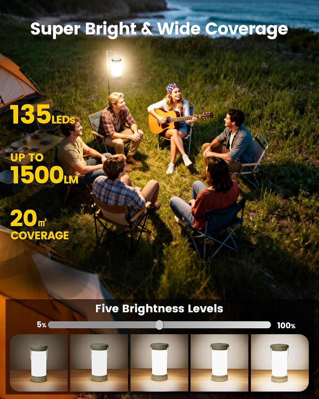 Glocusent LED Rechargeable Camping Lantern, Camping Light with 5000mAh