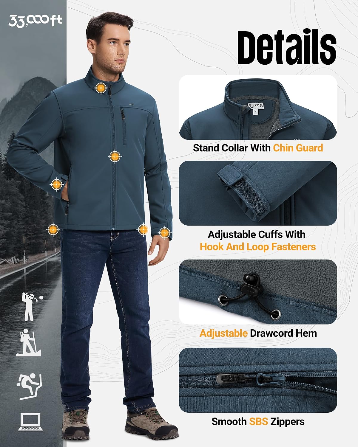 33,000ft Men's Waterproof Softshell Jacket Fleece Lightweight Windbreaker
