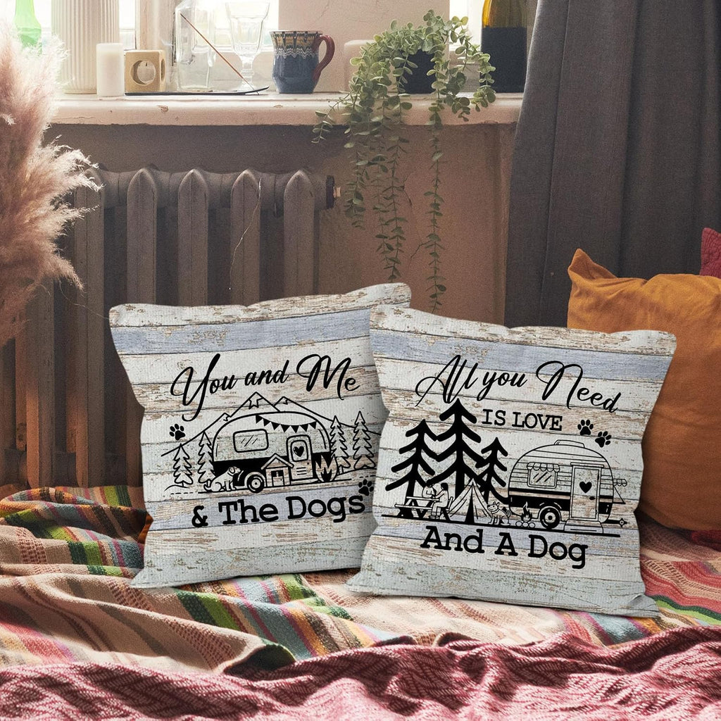 Camping Rv Pillow Covers 18x18 Set of 2, Camper Dog Campsite Pillow Covers for Home Bedroom Couch, You and Me and The Dogs,Camping Gifts for Women